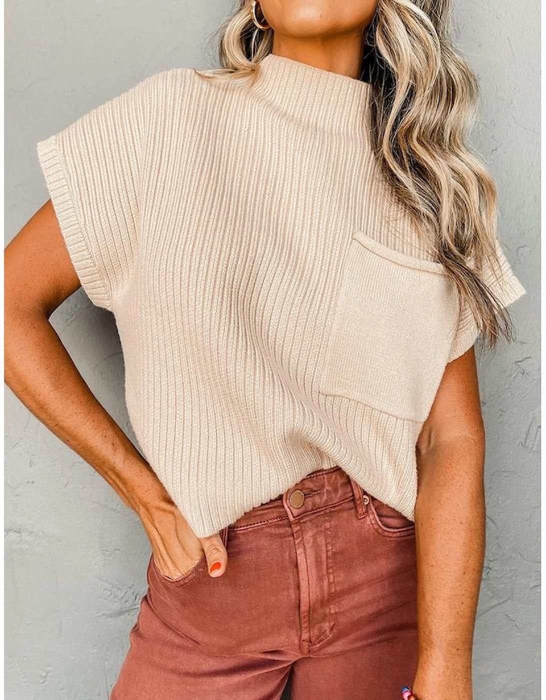 Oatmeal Patch Pocket Ribbed Knit Short Sleeve Sweater, 15 of 14