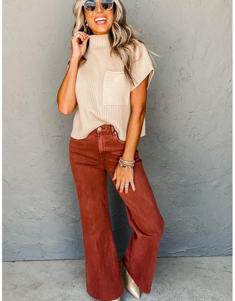 Oatmeal Patch Pocket Ribbed Knit Short Sleeve Sweater