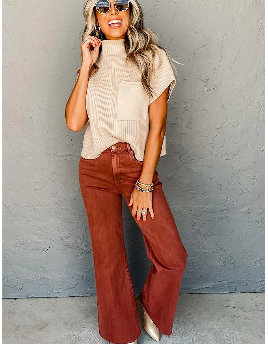 Oatmeal Patch Pocket Ribbed Knit Short Sleeve Sweater