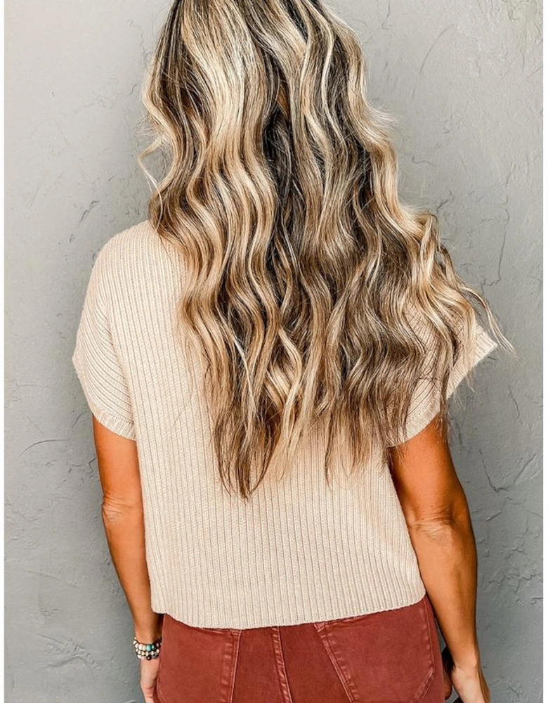 Oatmeal Patch Pocket Ribbed Knit Short Sleeve Sweater