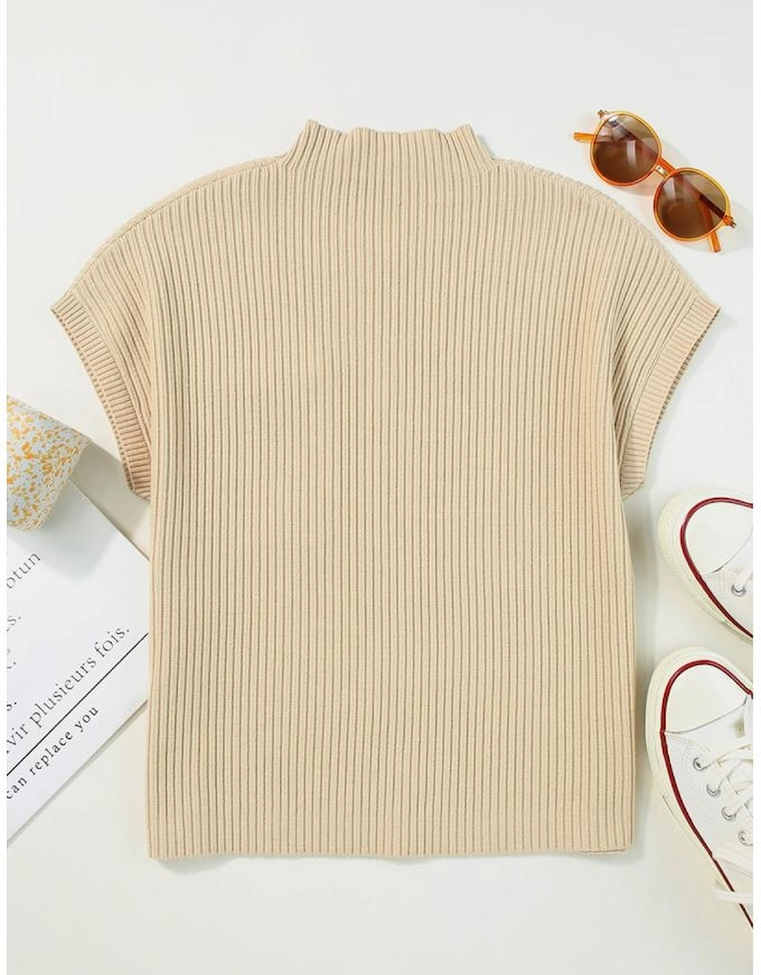 Oatmeal Patch Pocket Ribbed Knit Short Sleeve Sweater