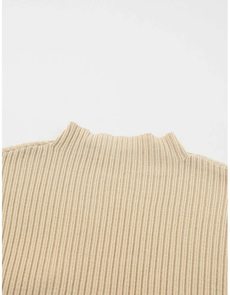 Oatmeal Patch Pocket Ribbed Knit Short Sleeve Sweater