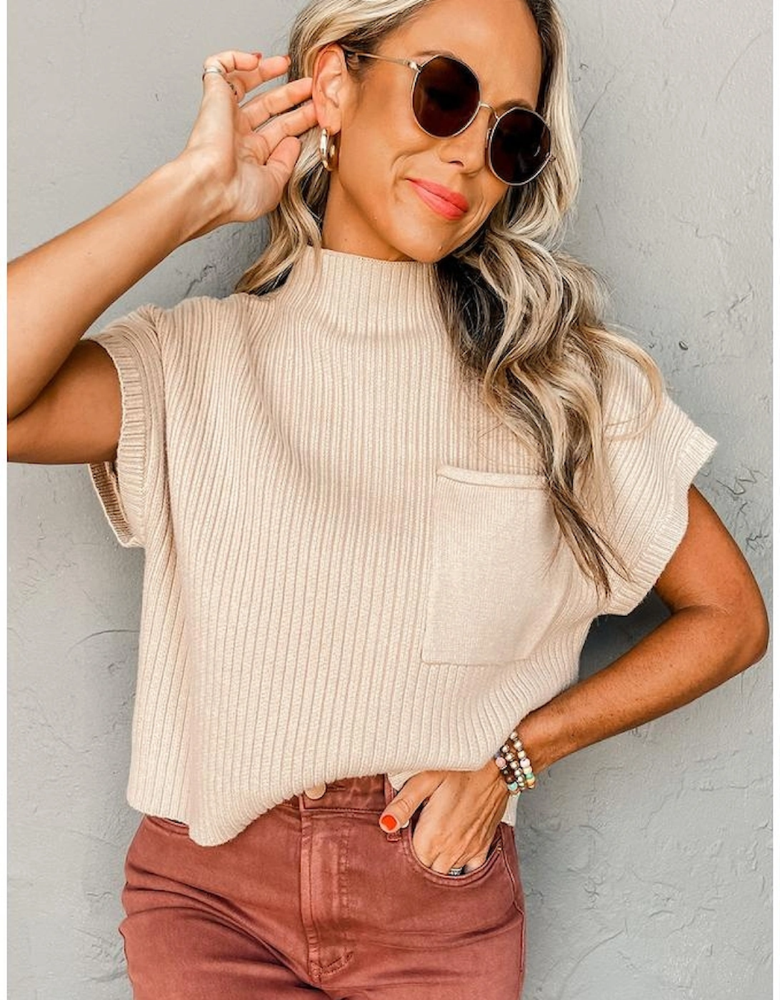 Oatmeal Patch Pocket Ribbed Knit Short Sleeve Sweater