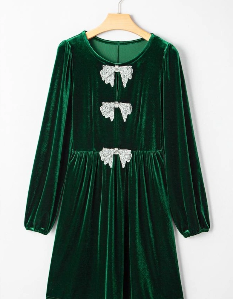 Evergreen Bowknot Decor High Waist Velvet Mini Dress