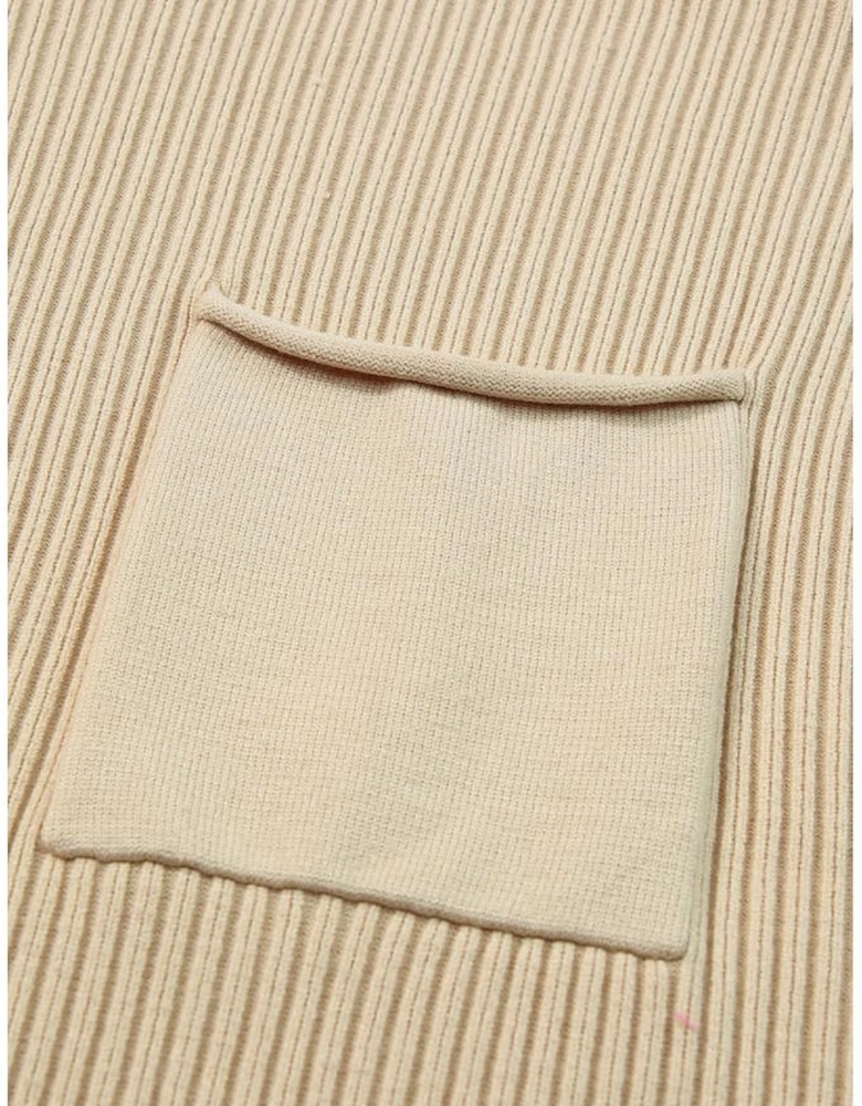 Oatmeal Patch Pocket Ribbed Knit Short Sleeve Sweater