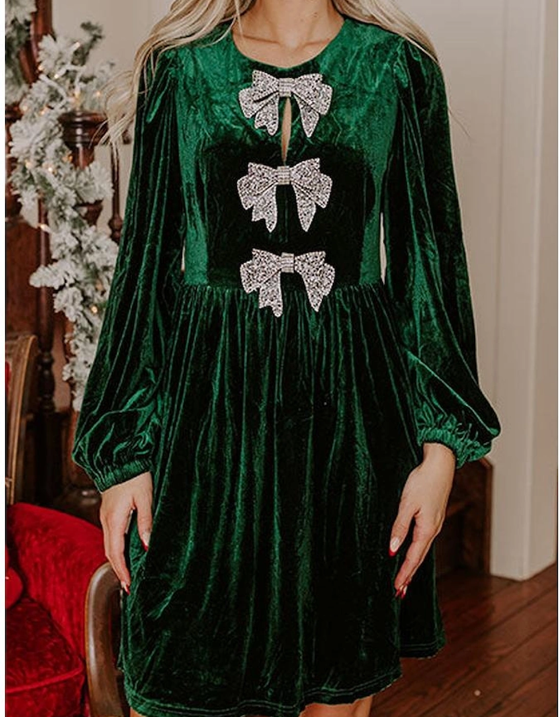Evergreen Bowknot Decor High Waist Velvet Mini Dress