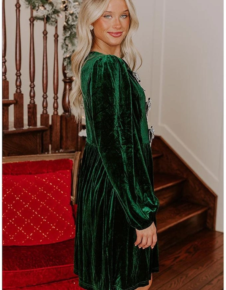 Evergreen Bowknot Decor High Waist Velvet Mini Dress