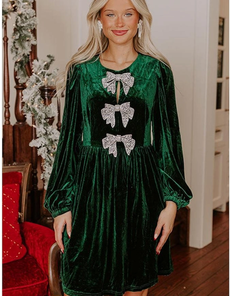 Evergreen Bowknot Decor High Waist Velvet Mini Dress