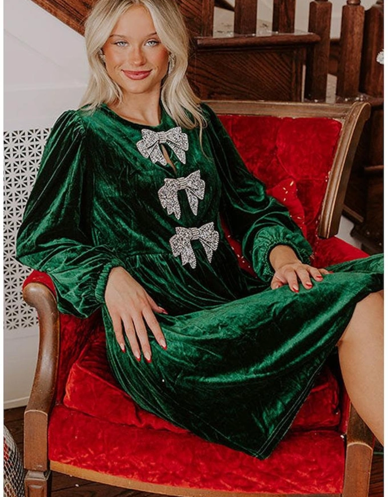 Evergreen Bowknot Decor High Waist Velvet Mini Dress