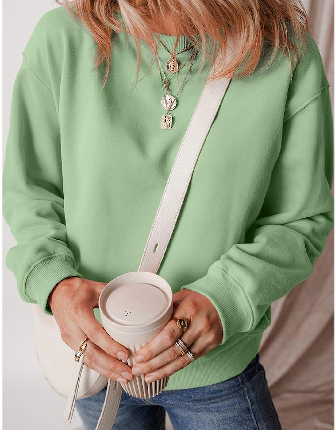 Smoke Green Solid Fleece Lined Drop Shoulder Terry Sweatshirt