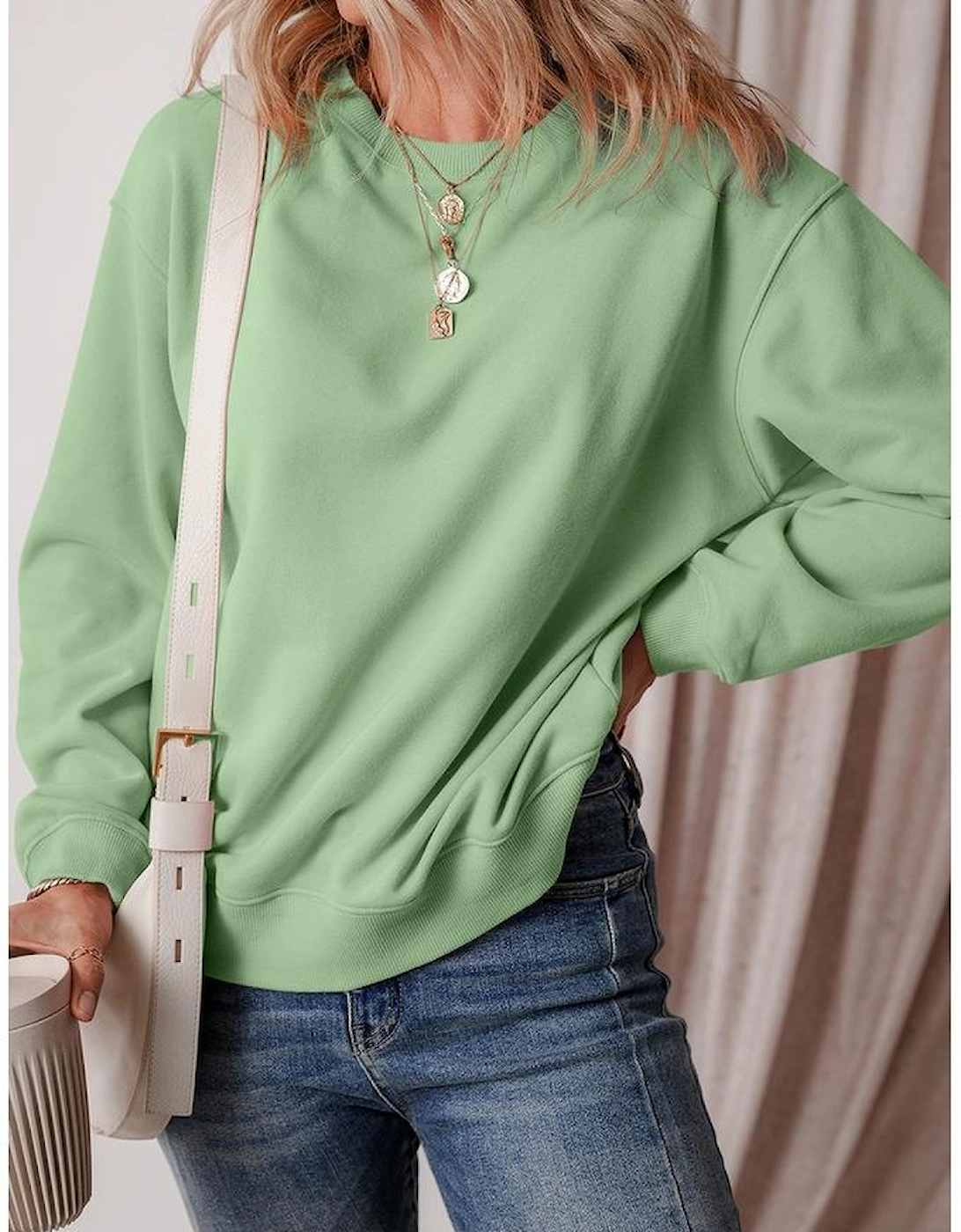 Smoke Green Solid Fleece Lined Drop Shoulder Terry Sweatshirt