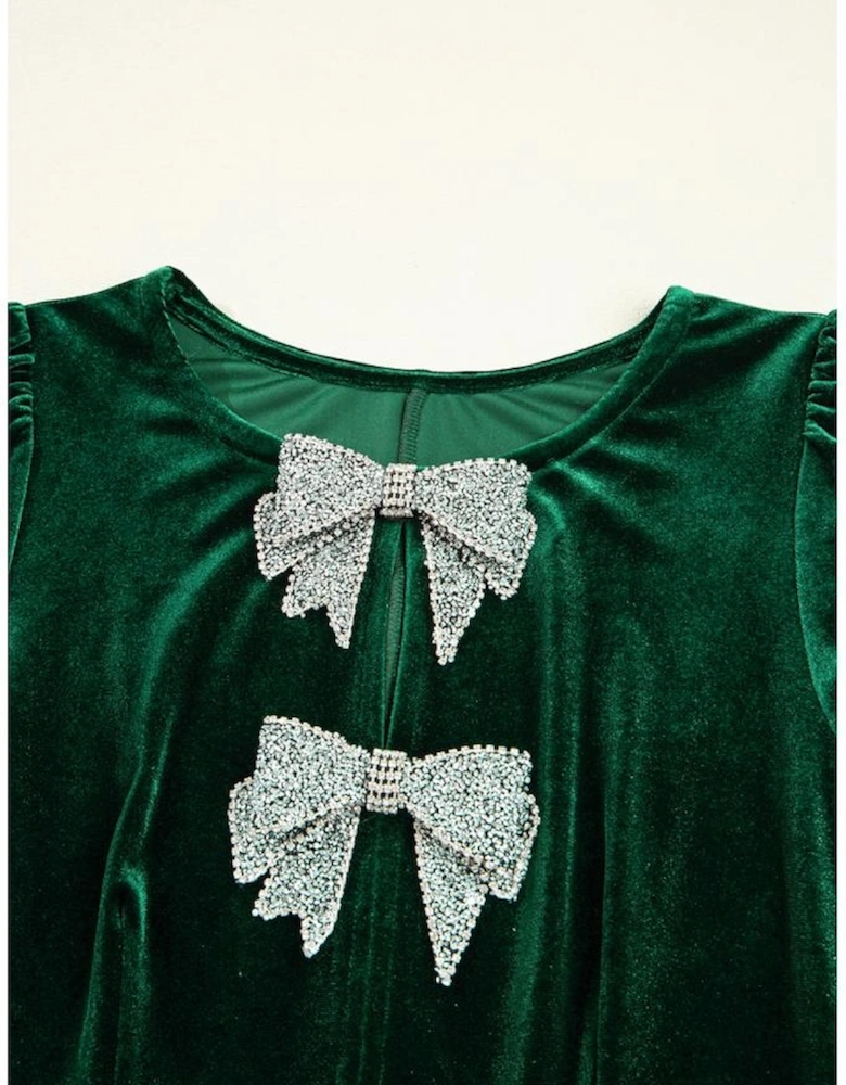 Evergreen Bowknot Decor High Waist Velvet Mini Dress