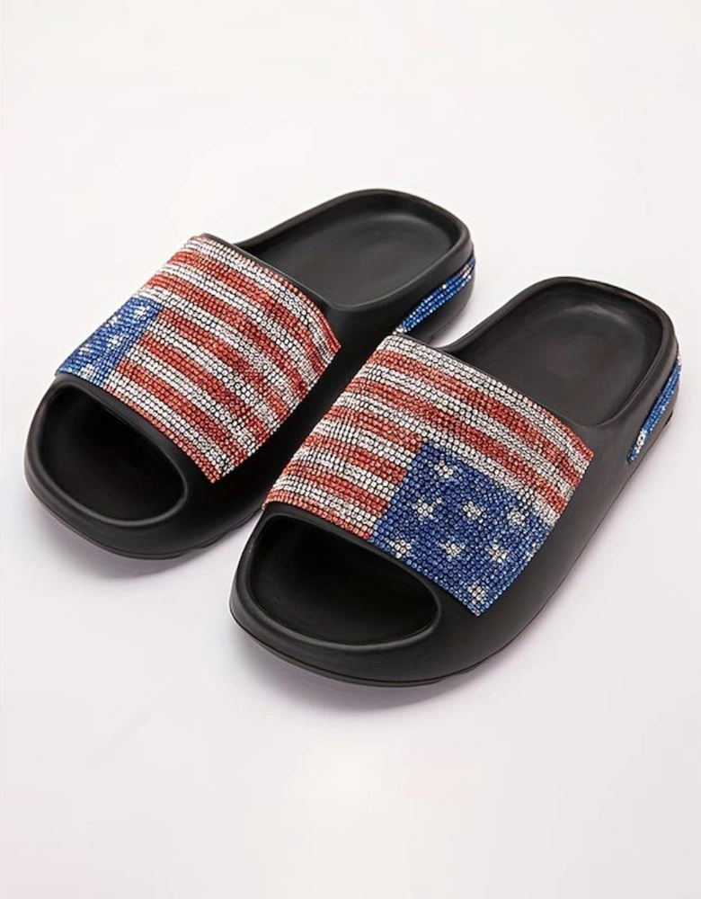 Black Rhinestone American Flag Thick Sole Slippers