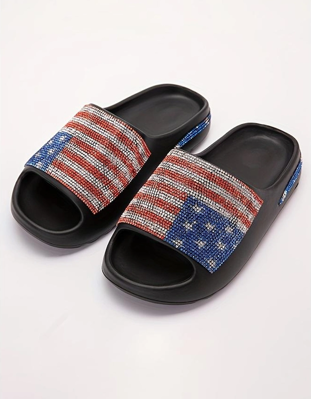 Black Rhinestone American Flag Thick Sole Slippers
