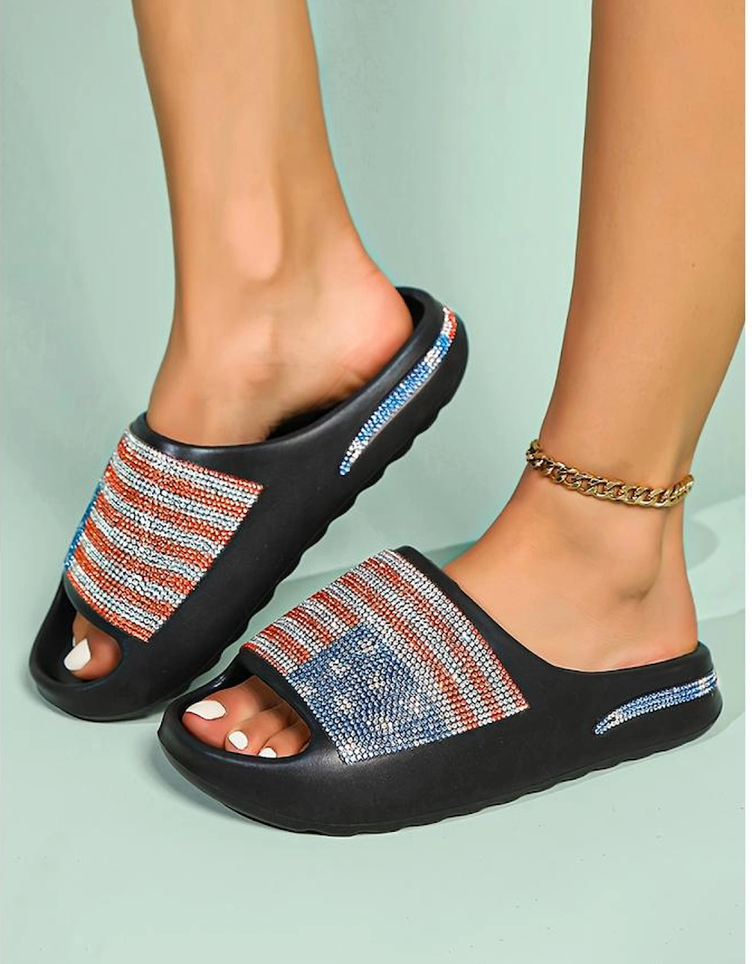 Black Rhinestone American Flag Thick Sole Slippers