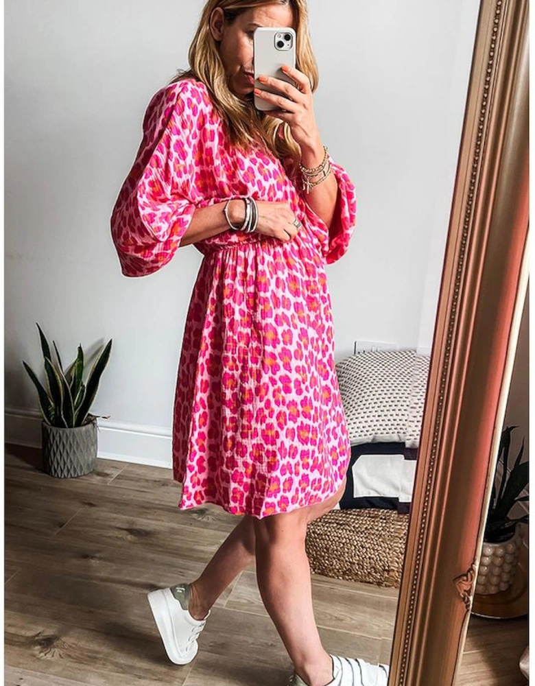 Pink Leopard Print Elasticated V Neck 3/4 Puff Sleeve Dress