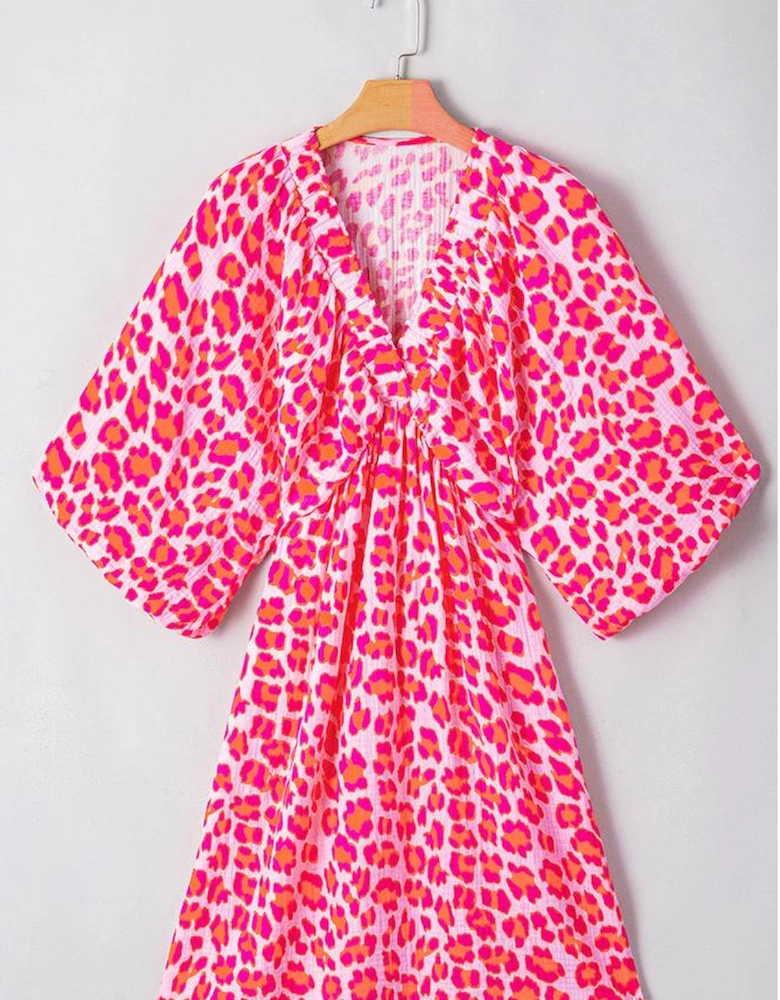 Pink Leopard Print Elasticated V Neck 3/4 Puff Sleeve Dress