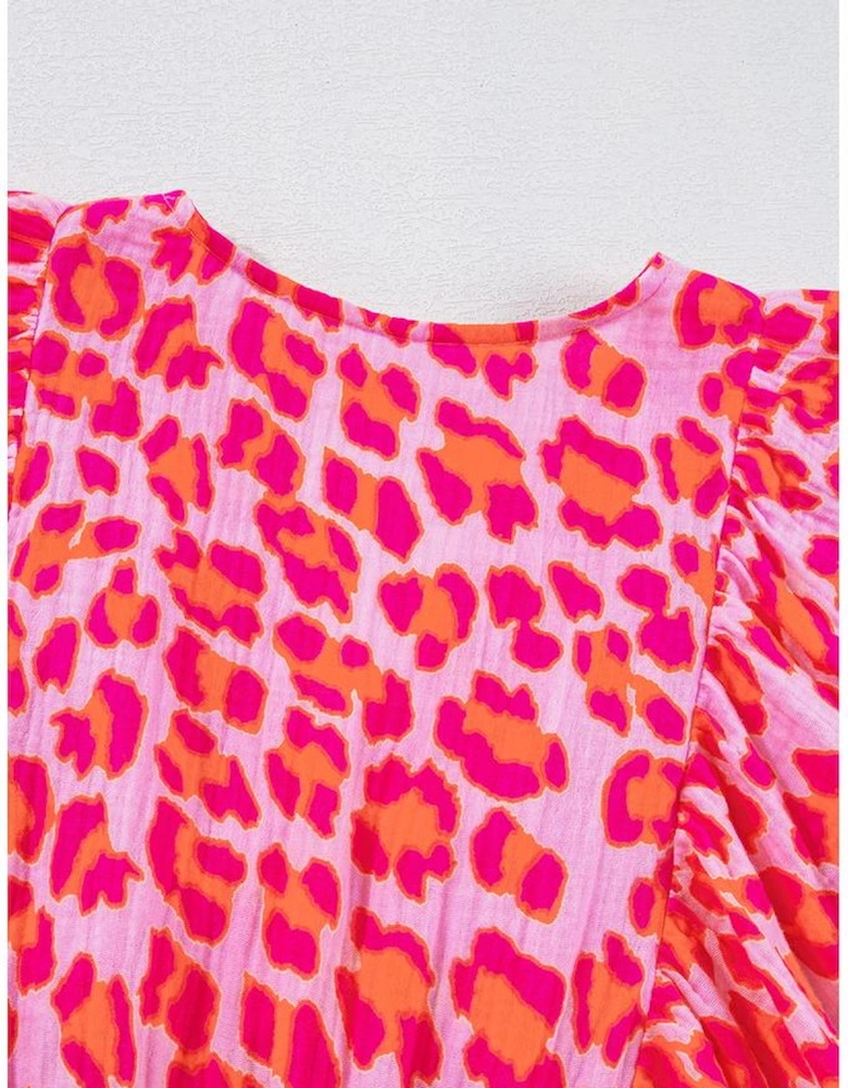 Pink Leopard Print Elasticated V Neck 3/4 Puff Sleeve Dress