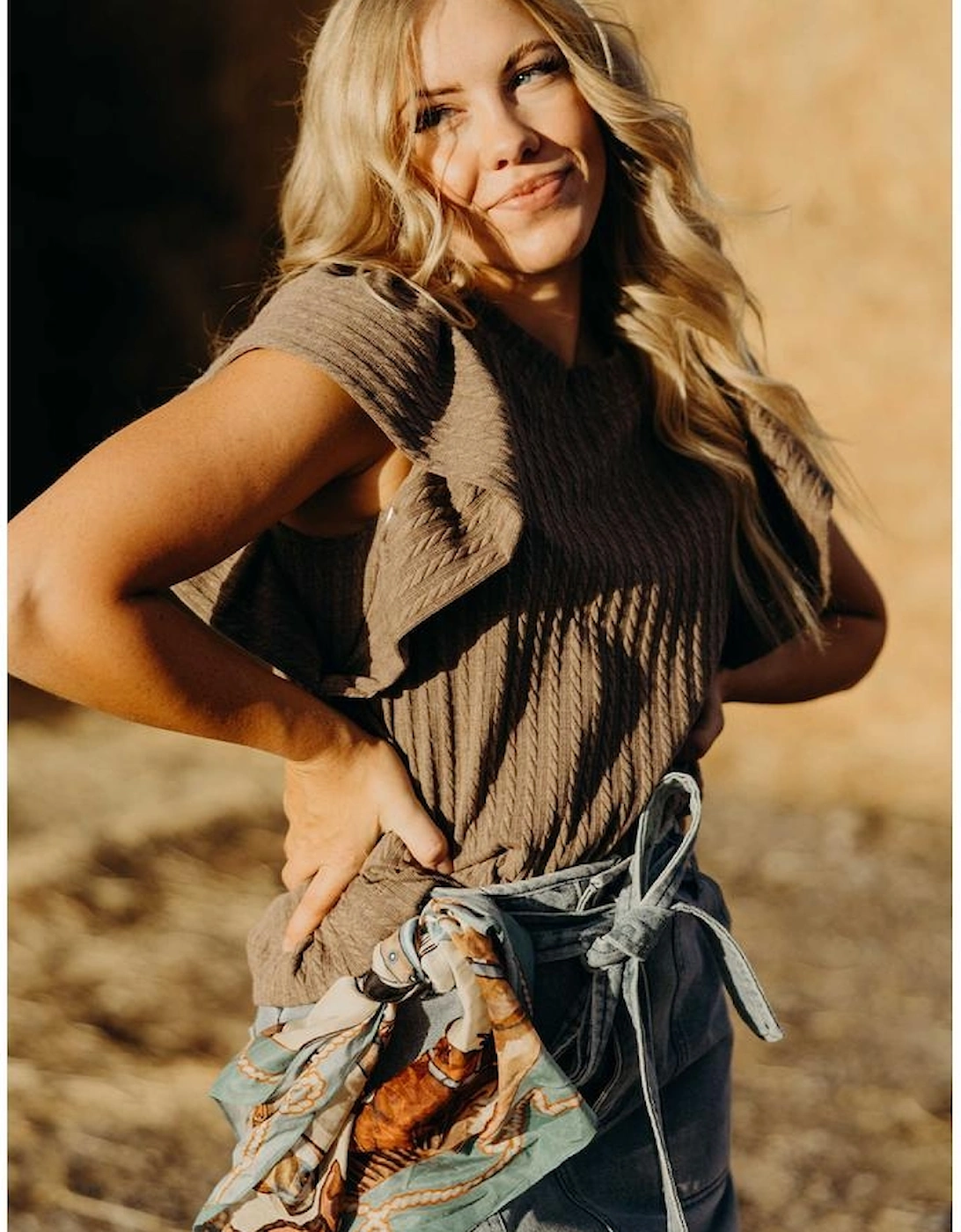 Sleet Solid Color Textured Flutter Sleeve Top