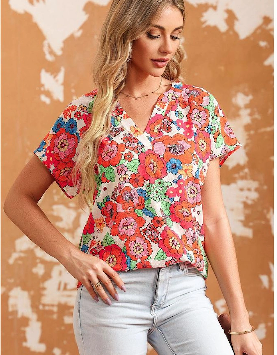 Red Floral Split Neck Top, 16 of 15