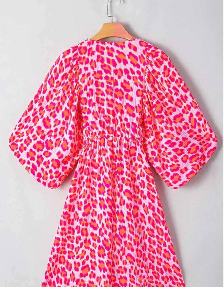 Pink Leopard Print Elasticated V Neck 3/4 Puff Sleeve Dress
