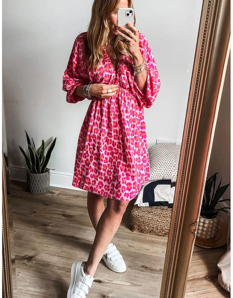 Pink Leopard Print Elasticated V Neck 3/4 Puff Sleeve Dress