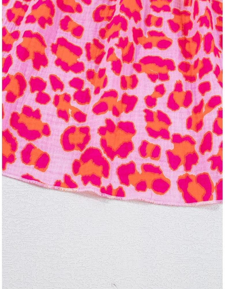 Pink Leopard Print Elasticated V Neck 3/4 Puff Sleeve Dress