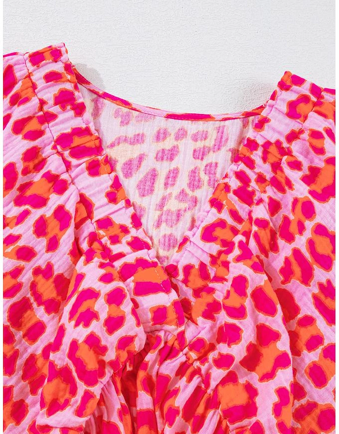 Pink Leopard Print Elasticated V Neck 3/4 Puff Sleeve Dress