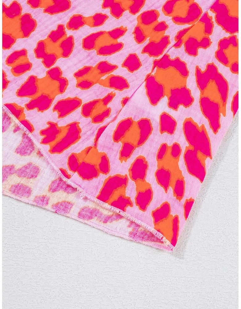 Pink Leopard Print Elasticated V Neck 3/4 Puff Sleeve Dress