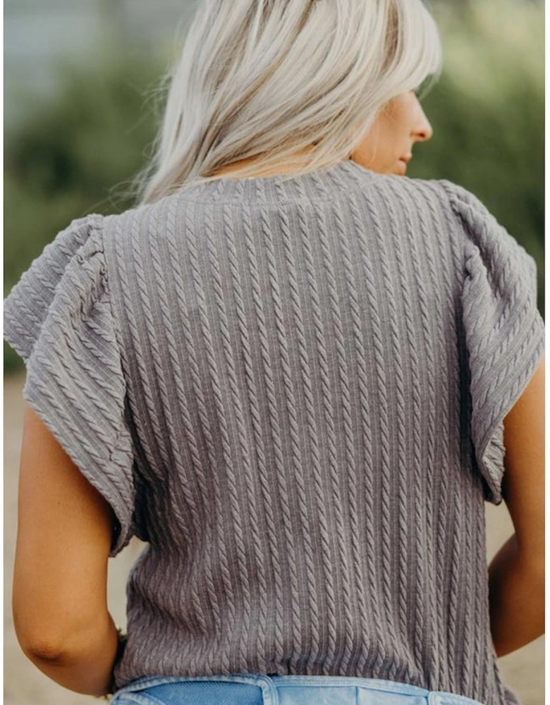 Sleet Solid Color Textured Flutter Sleeve Top