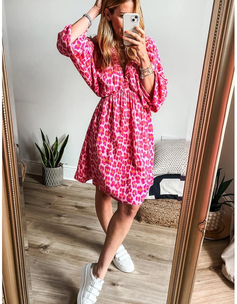 Pink Leopard Print Elasticated V Neck 3/4 Puff Sleeve Dress
