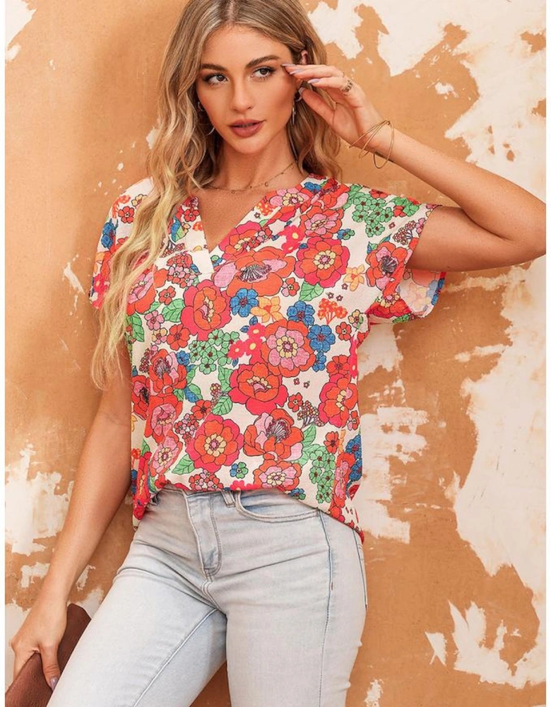 Red Floral Split Neck Top