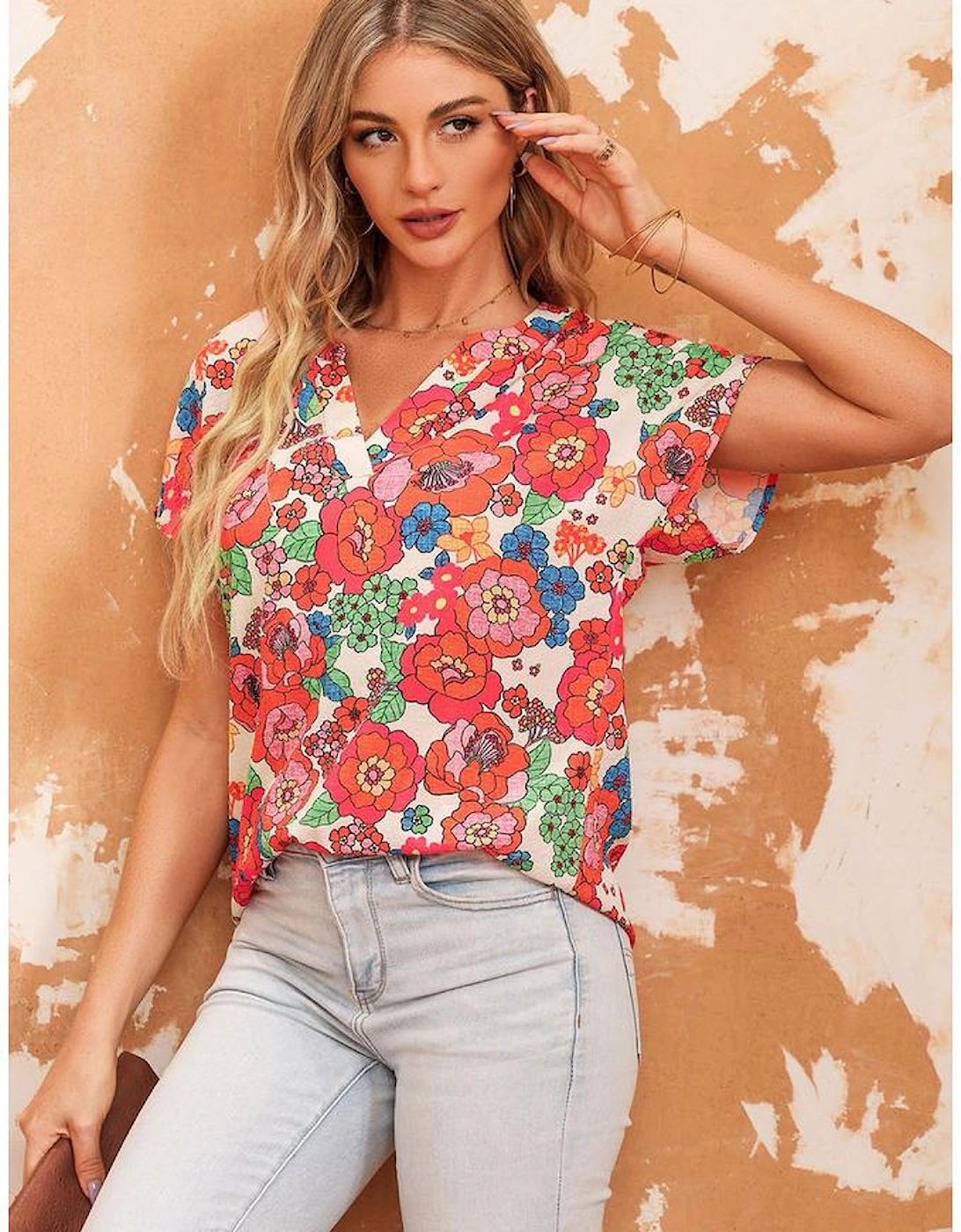 Red Floral Split Neck Top