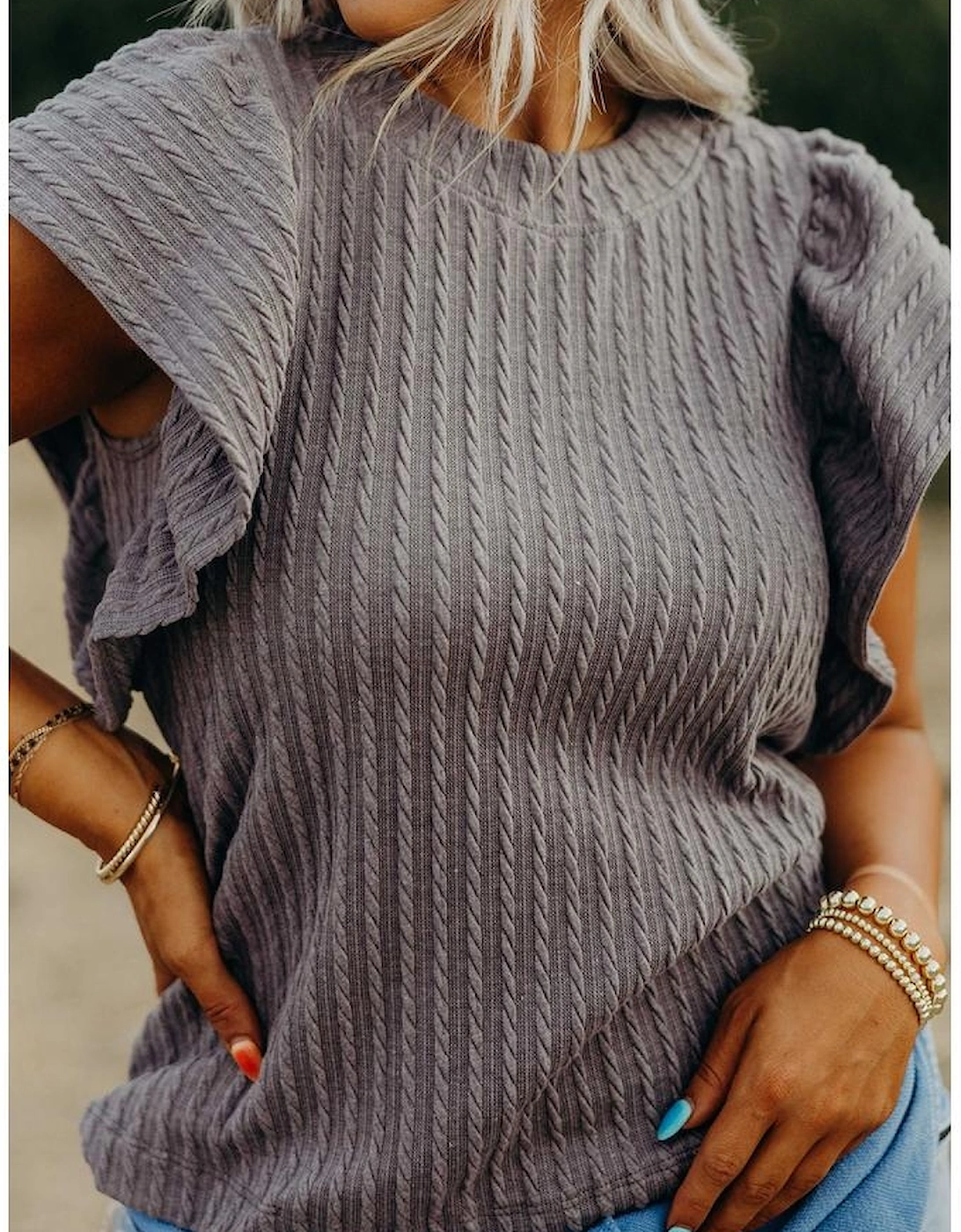 Sleet Solid Color Textured Flutter Sleeve Top, 6 of 5