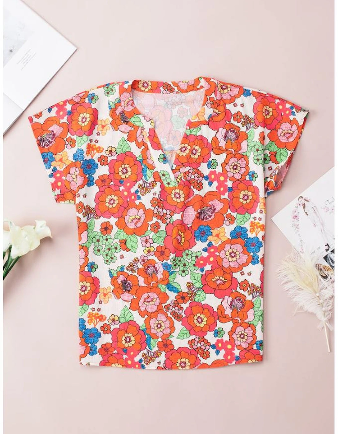 Red Floral Split Neck Top