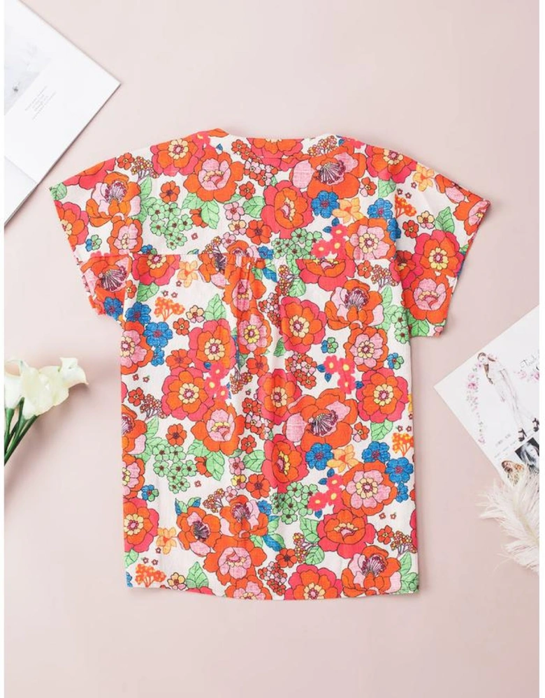 Red Floral Split Neck Top