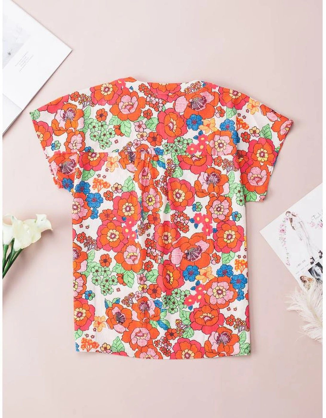 Red Floral Split Neck Top