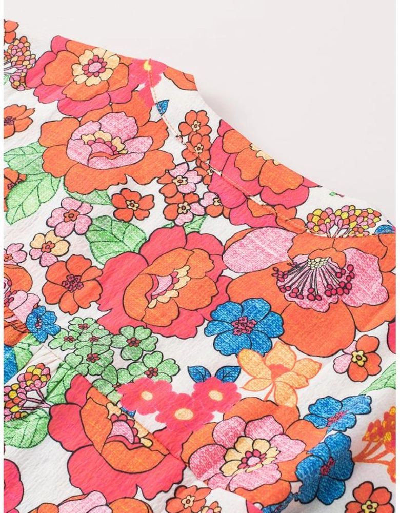 Red Floral Split Neck Top