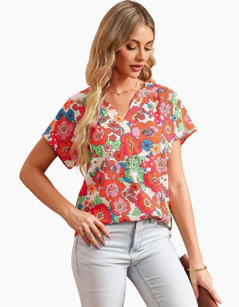 Red Floral Split Neck Top
