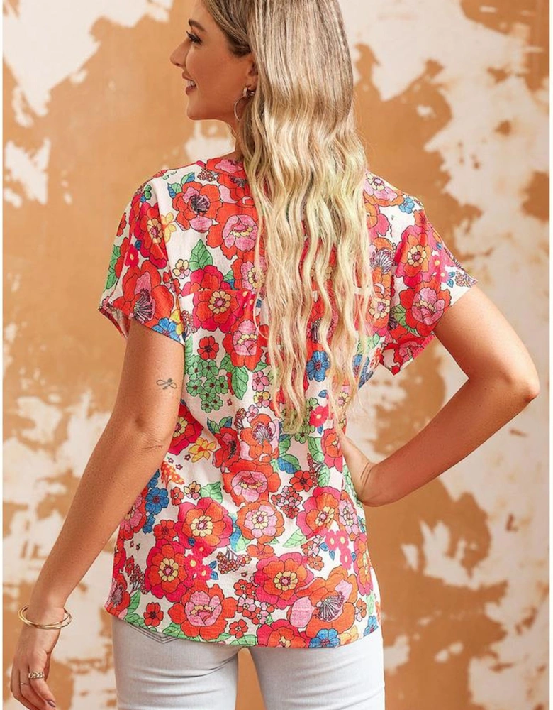Red Floral Split Neck Top