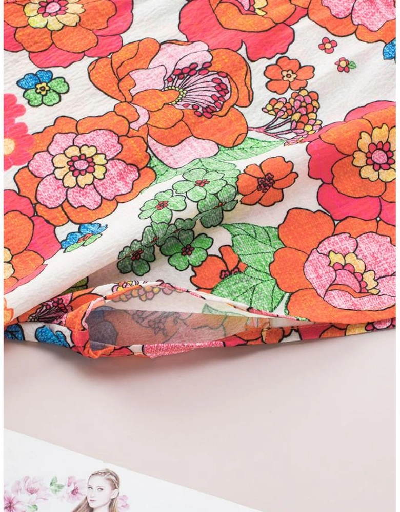 Red Floral Split Neck Top