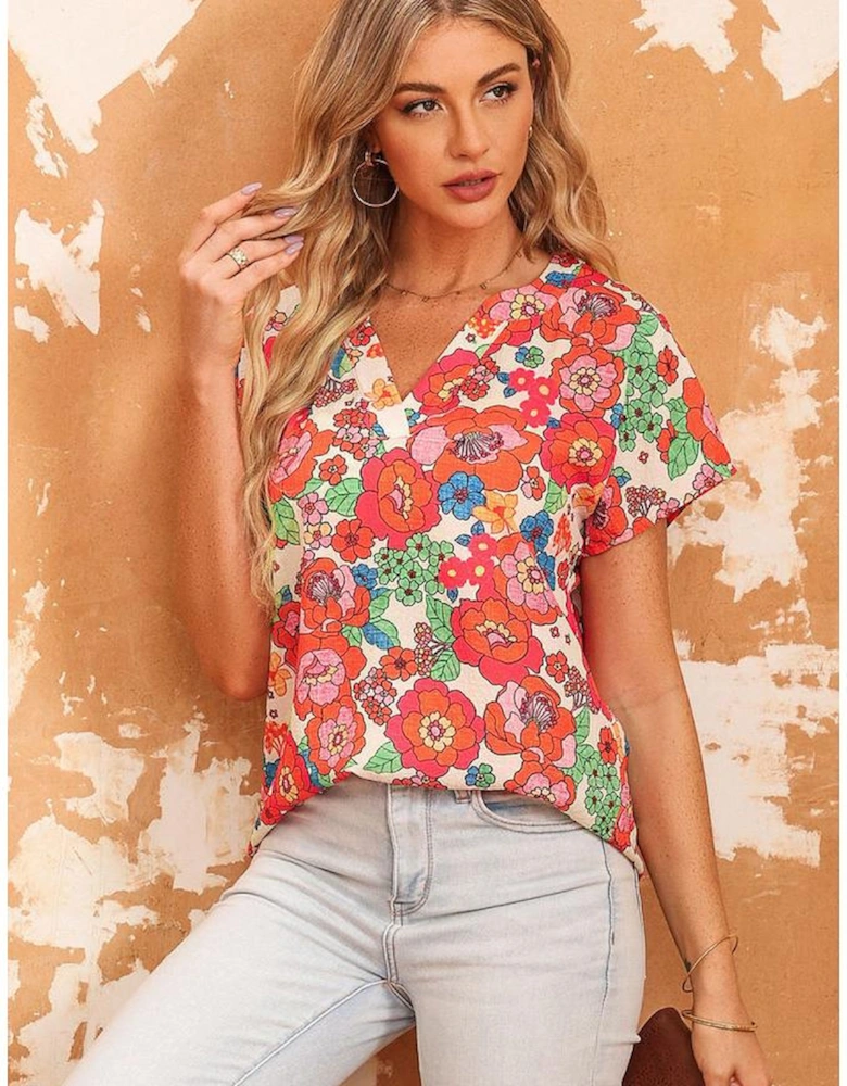 Red Floral Split Neck Top