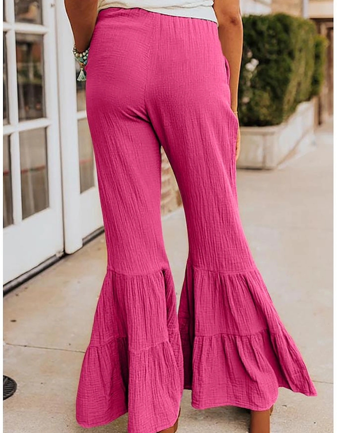 Rose Textured High Waist Ruffled Bell Bottom Pants
