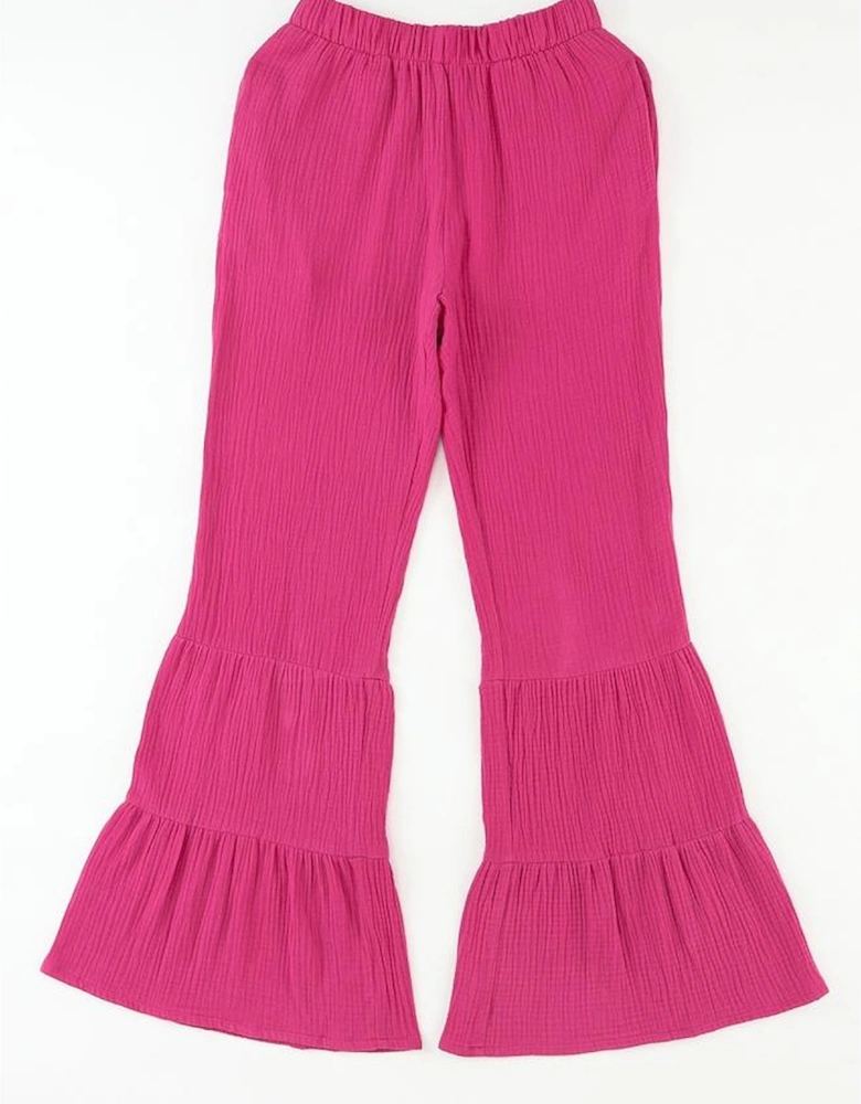 Rose Textured High Waist Ruffled Bell Bottom Pants