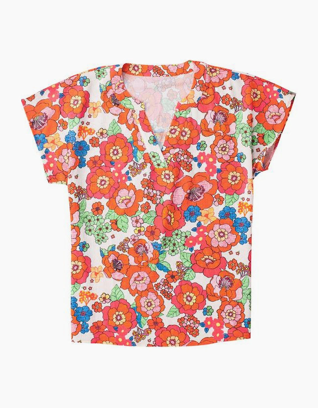 Red Floral Split Neck Top