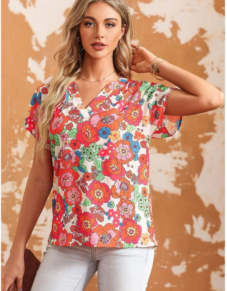 Red Floral Split Neck Top