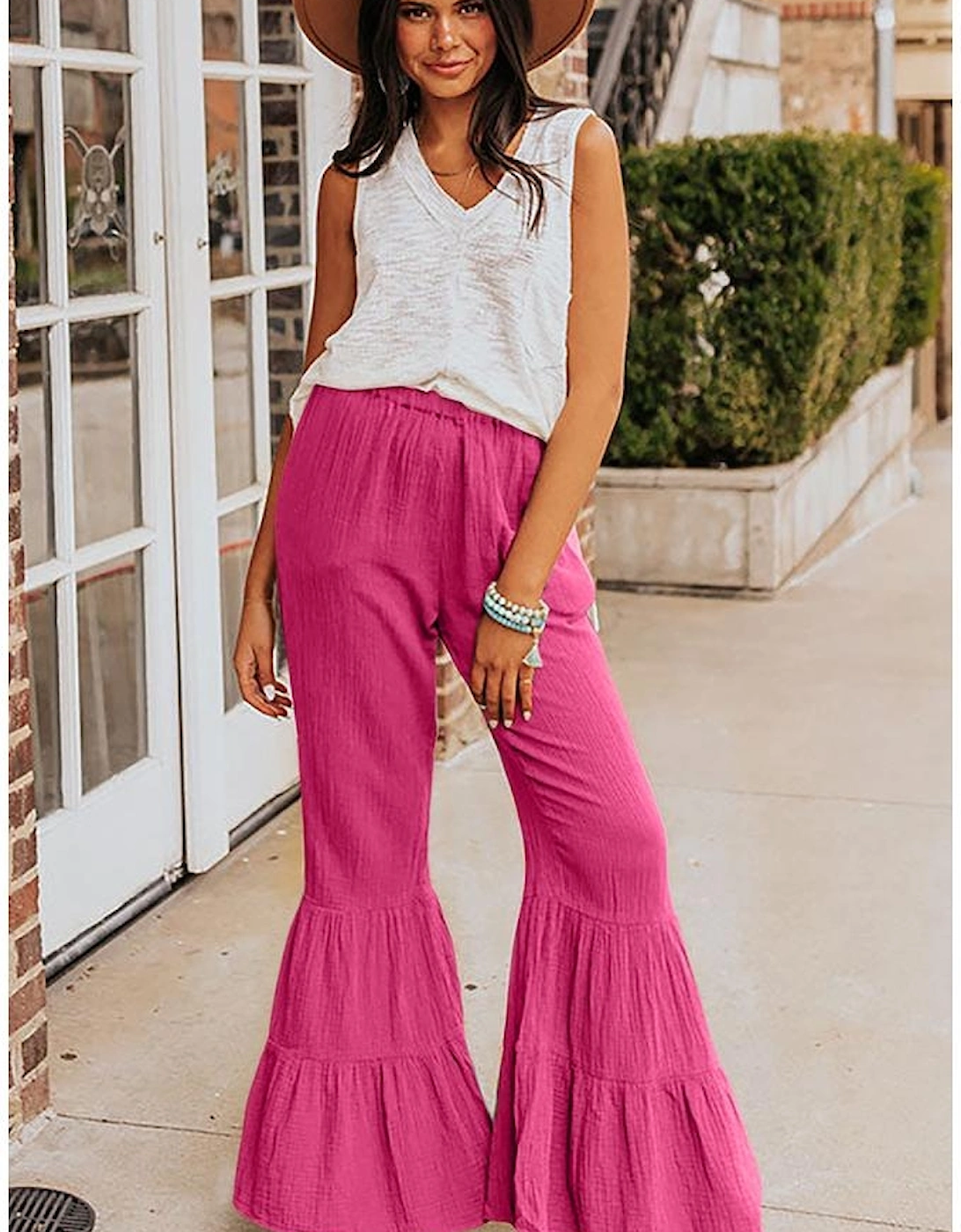 Rose Textured High Waist Ruffled Bell Bottom Pants