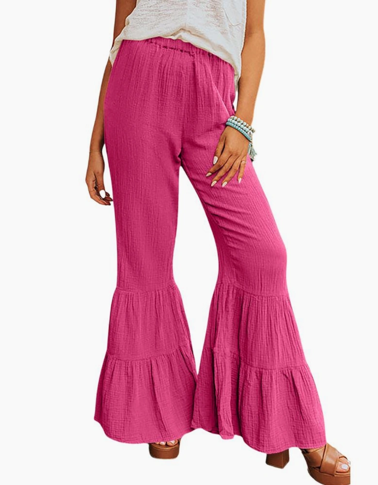 Rose Textured High Waist Ruffled Bell Bottom Pants
