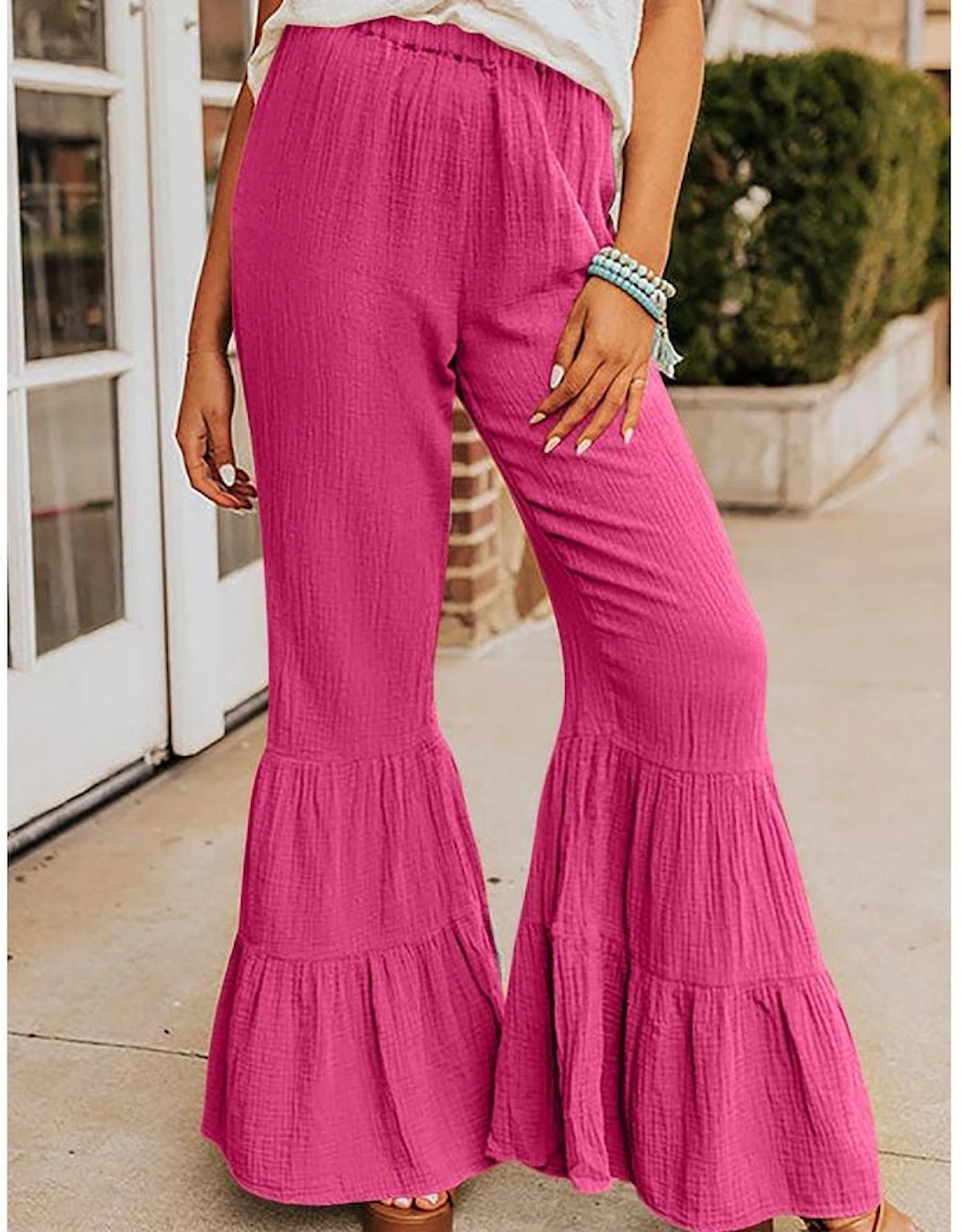 Rose Textured High Waist Ruffled Bell Bottom Pants