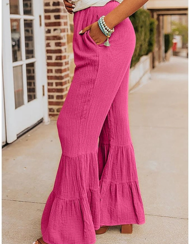 Rose Textured High Waist Ruffled Bell Bottom Pants